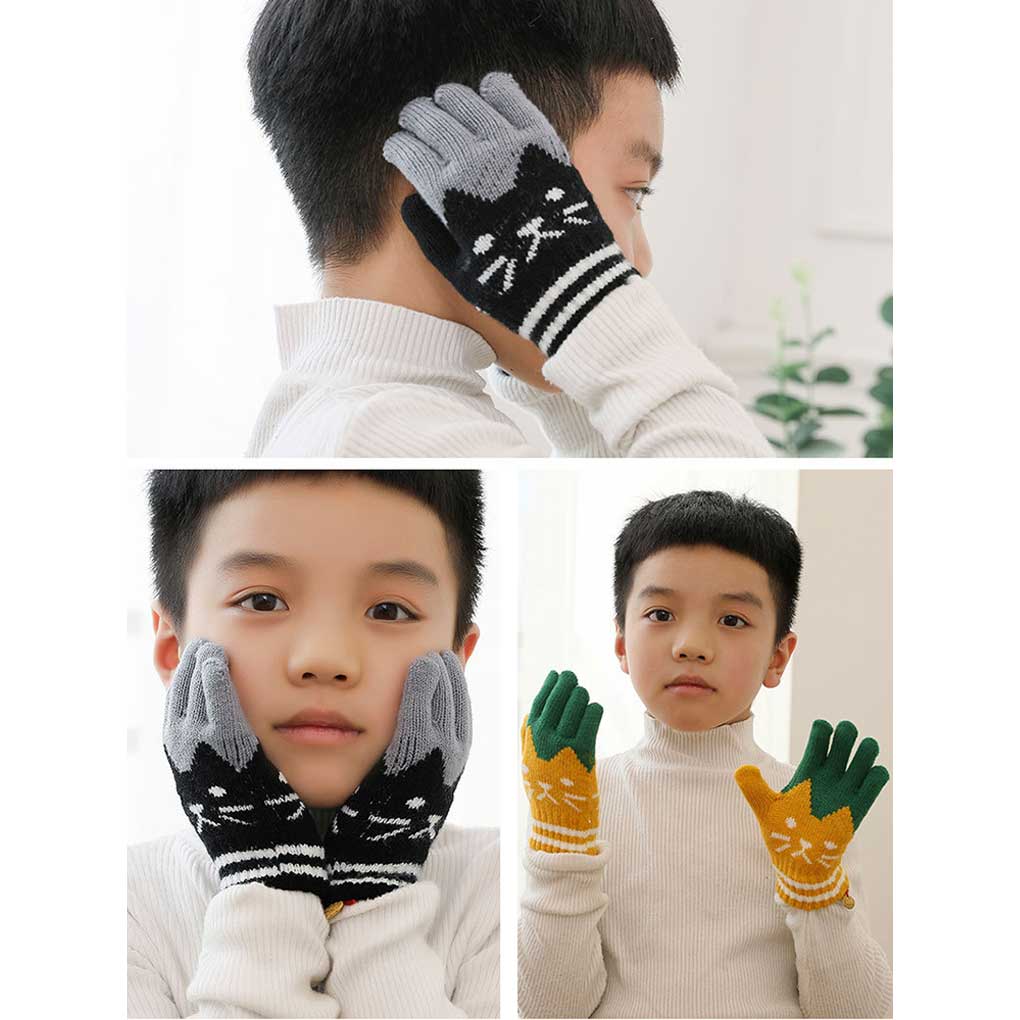 2 Pairs Kids Gloves Full-finger Cartoon Infants Winter Autumn Outdoor Sports Skating Cycling Riding Warm Knitted Mittens