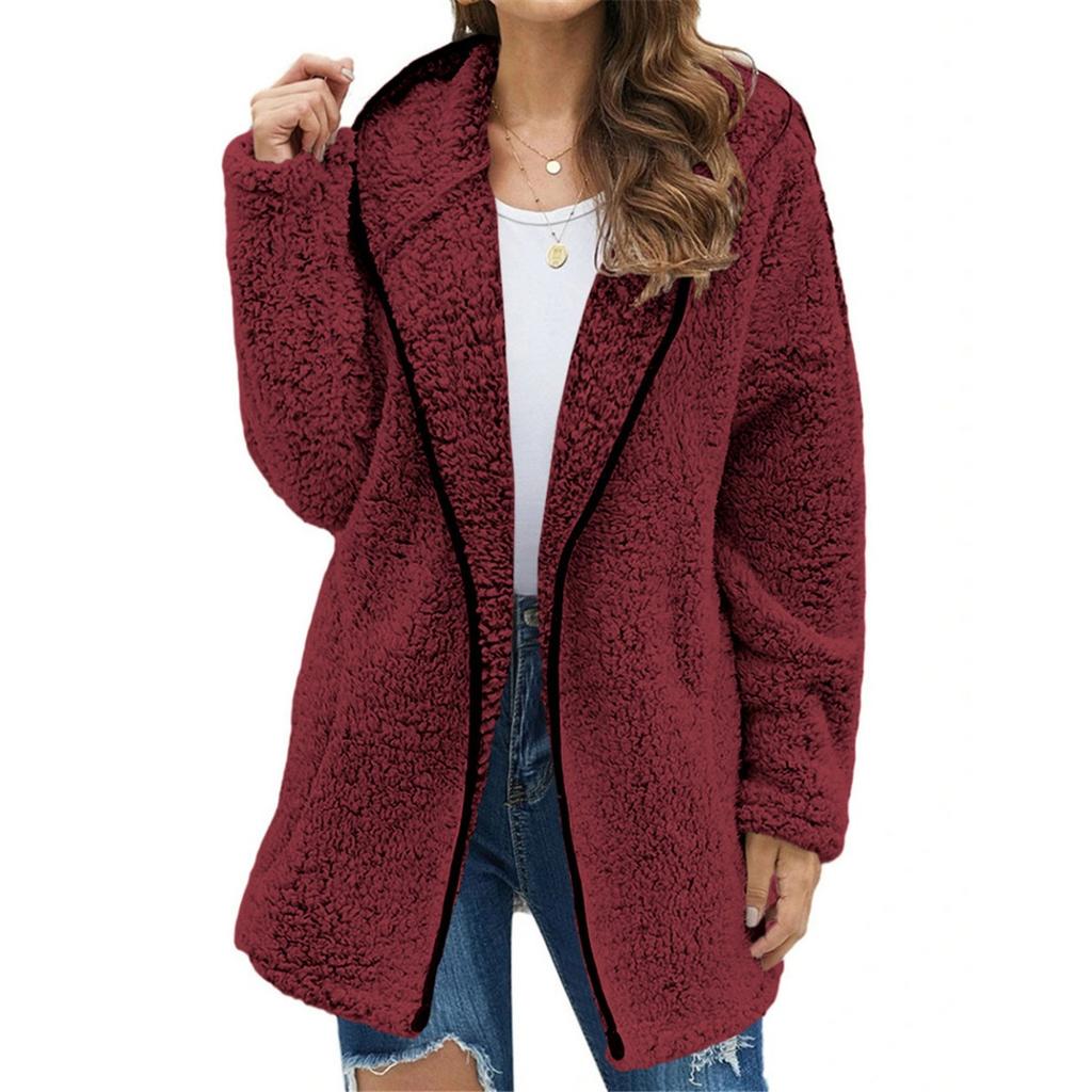 Women's Casual Solid Color Hooded Fleece Sweatshirt Long Sleeve Lapel Fleece Top For Autumn Winter