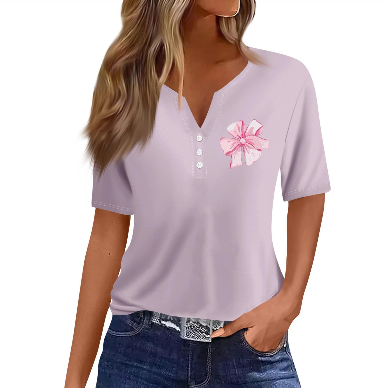 

Женская повседневная футболка с короткими рукавами, V-образным вырезом и декоративными пуговицами XL фиолетовый
