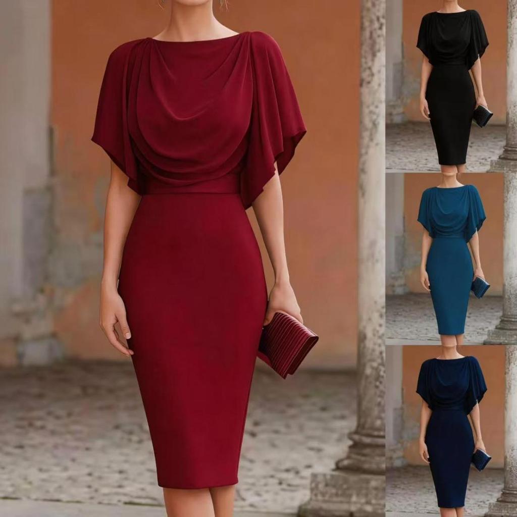 Abito Elegante Drapé al Collo a Tubino per Donna 2026, Manica a Pipistrello Vestito Midi a Matita Slim Fit, per Feste Cocktail e Ufficio