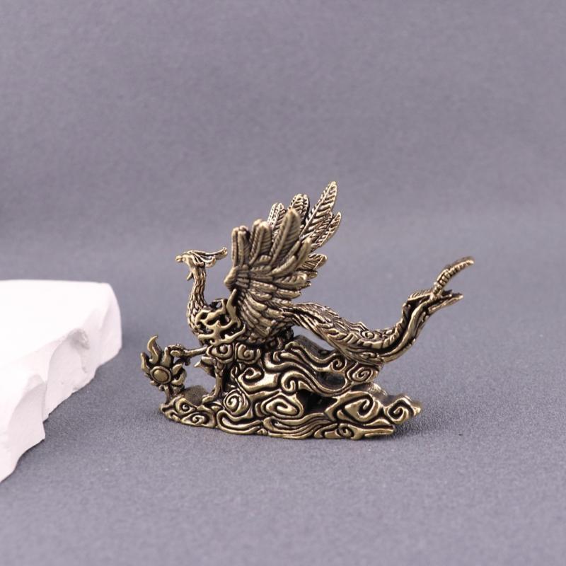 1Pcs Brass Phoenix Statue Auspicious Spreading Wings Desktop Hand Piece for Tea Ceremony Decor and Gift