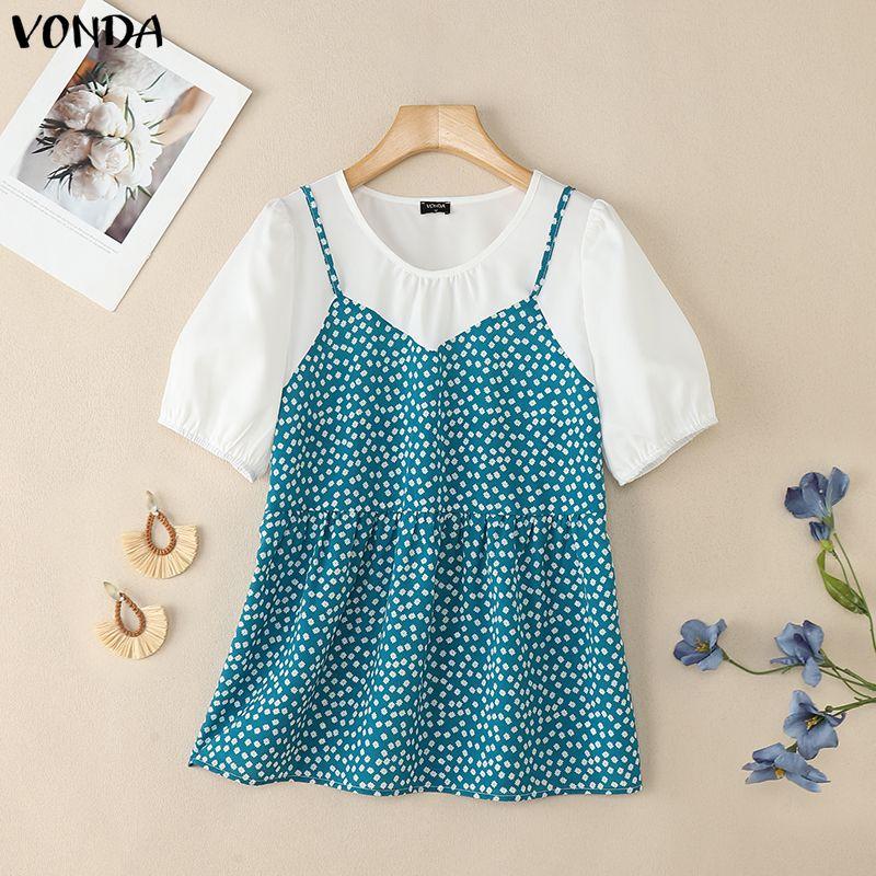VONDA Women Casual Round Neck Print Patchwork Fake Two-piece Short Sleeve Blouse