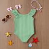 Girls One Piece Swimsuit Striped Print Sleeveless Ruffle Shoulder Swimwear Kids Summer Beachwear Bathing Suit for Children