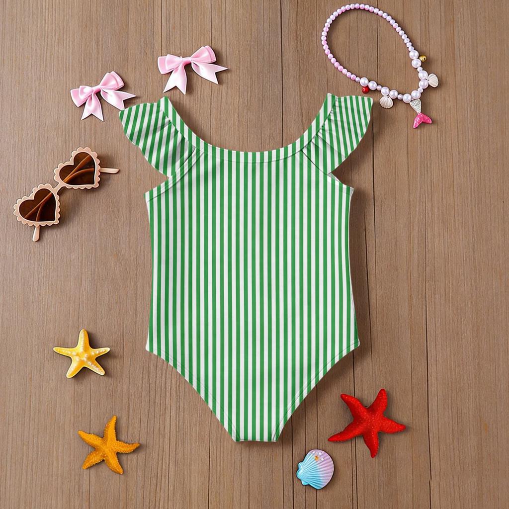 Girls One Piece Swimsuit Striped Print Sleeveless Ruffle Shoulder Swimwear Kids Summer Beachwear Bathing Suit for Children