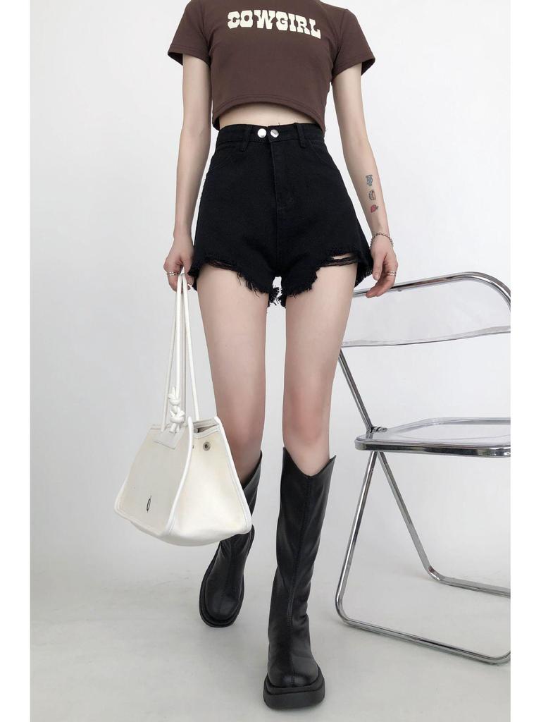 Women's High Waist Black Wide Leg Denim Shorts - Retro Raw Edge, Spring/Summer 2025