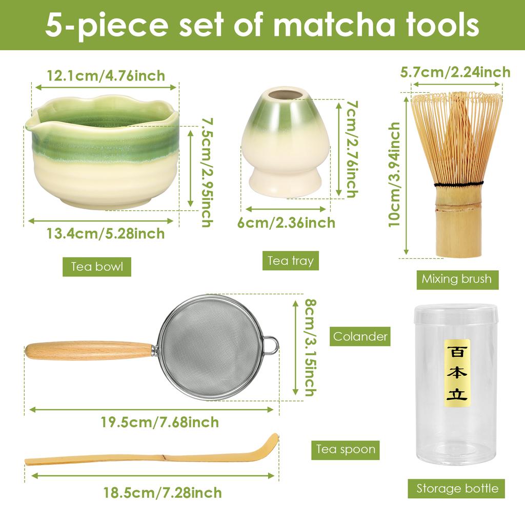 5Pcs Japenese Matcha Set Ceramic Matcha Teaset with Mixing Whisk Teaspoon Strainer Lattle Tea-making Tool for Cafe Beveage Shop