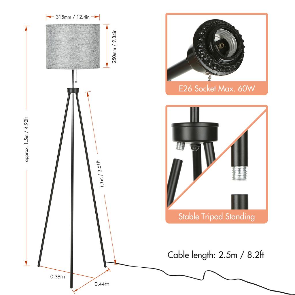 Pulling Tripod Floor Lamp Modern Design Standing Light with Linen Lampshade for Living Room Bedroom Study Room
