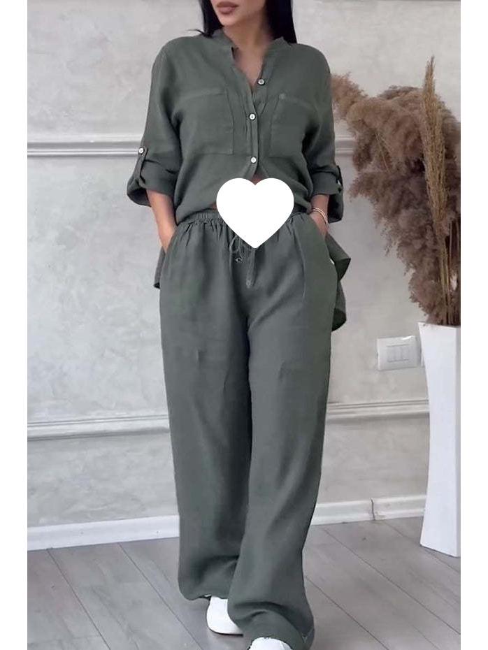 Casual Cotton Linen Solid Color Shirt & Drawstring Wide Leg Pants Set