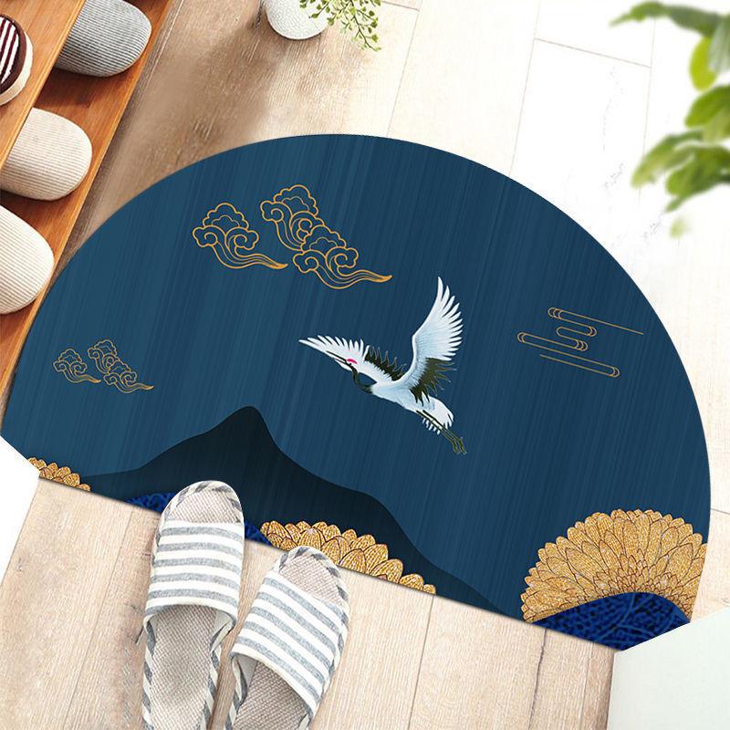 

Chinese Semi-circular Floor Mats Japanese Style Crane Printed Door Entrance Non-slip Floor Mats Balcony Carpet Hallway Porch Rug 40X80cm
