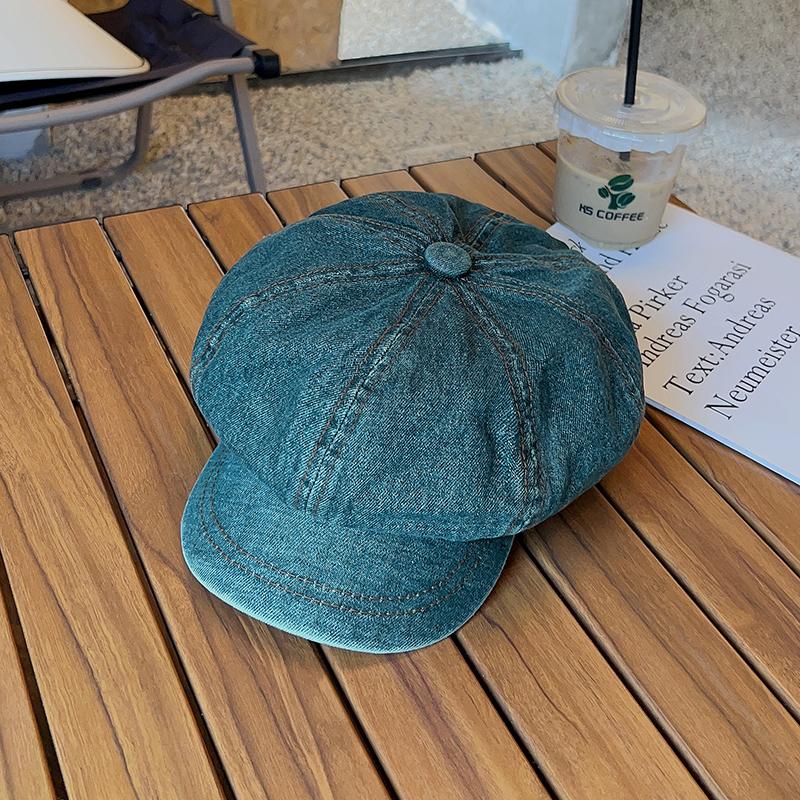 Washed and made old newsboy hat lady literary and retro denim octagonal hat blue beret painter hat man
