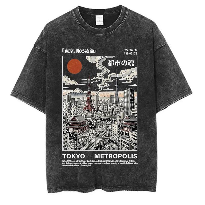 Vintage Japan Osaka Dotonbori Krabben Stadtbild Grafik T-Shirts Herren Gewaschen Mode Übergroßes Baumwoll-T-Shirt Unisex Streetwear