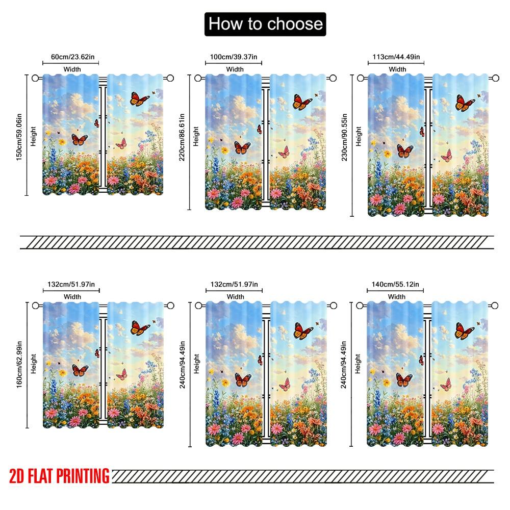2Pcs,2D Plane Printing Curtains Fluttering Bliss Durable 100% Polyester Fabric (Without Rod) Home Decor Perfect For Bedroom,