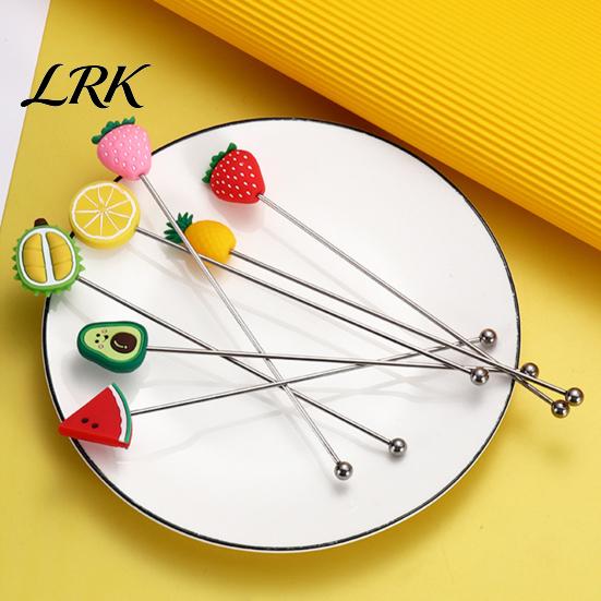 Mixer with Ball Cocktail Stir Stick, Stainless Steel Mixing Durian Pineapple Strawberry Cute Drink Stirrer Watermelon Rubber Top Decor, for