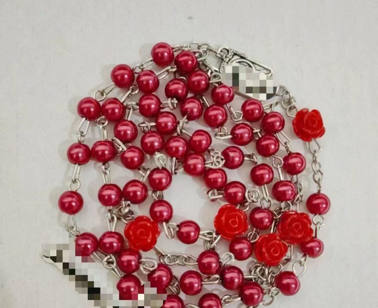 Rose Pearl Rosary Necklace with Cross Pendant and Bracelet Set
