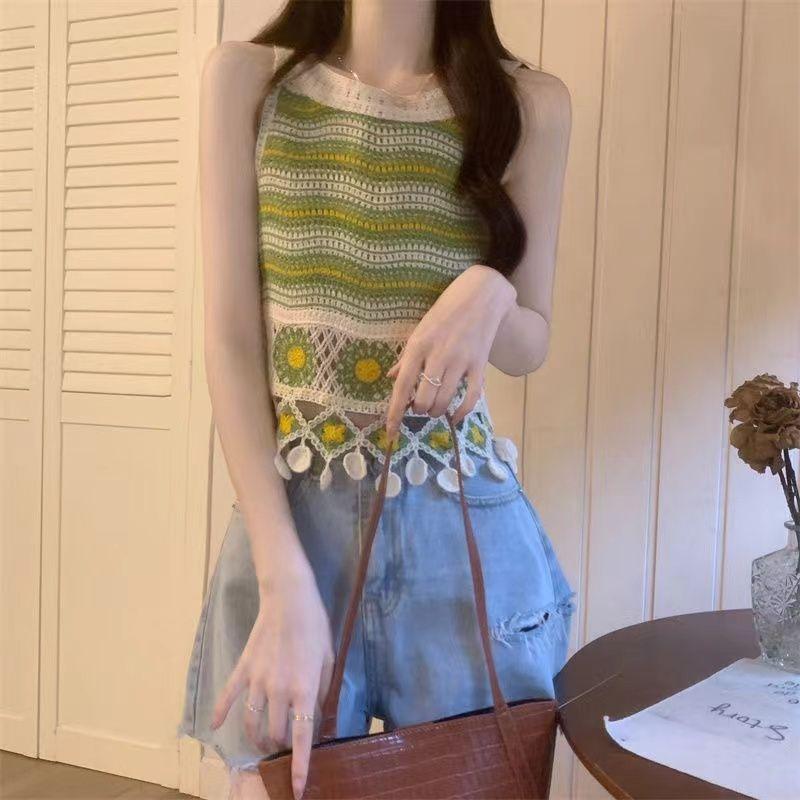Hollow Flower Embroidery Knitted Crochet Camisole Summer Women's Retro Ethnic Design Tassel Short Top