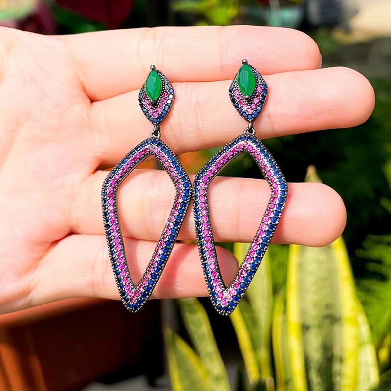 Light Luxury Heavy Industry Exaggerated Color Zircon Earrings, Needle Geometric Rhombus Earrings Earrings