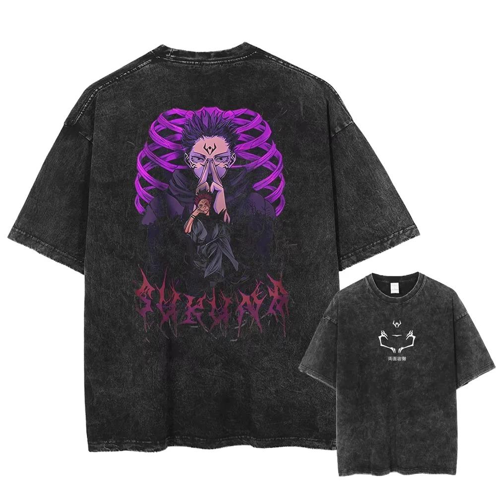 T-shirt Oversize Lavata Vintage con Pannello Manga di Jujutsu Kaisen | T-shirt Streetwear Anime Unisex