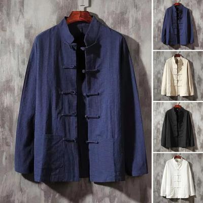 Chinese Style Men Shirt Tang Suit Stand-Up Collar Button-down Shirt Solid Color