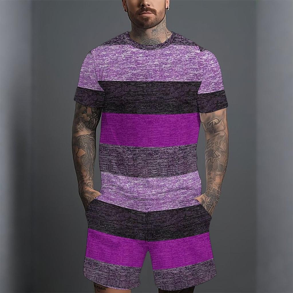 Men Grey White Vertical Thin Stripe Short Sleeve Tee And Matching Shorts Two Piece Suit