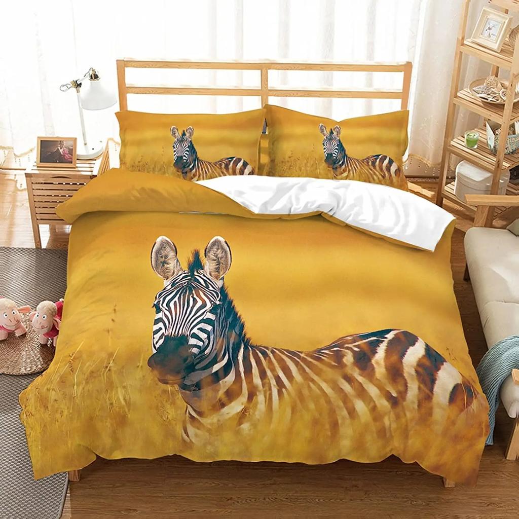 Zebra Duvet Cover Set King Queen Size Polyester Comforter Cover Black And White Stripe Wild Animals For Kids Teens Bedding Set