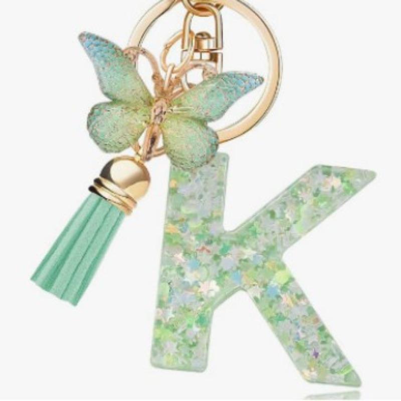 A-Z Dreamy Letters Keychain for Women Tassels Butterfly Pendant Initial Keyrings Purse Suspension Bags Car Key Chain Pink