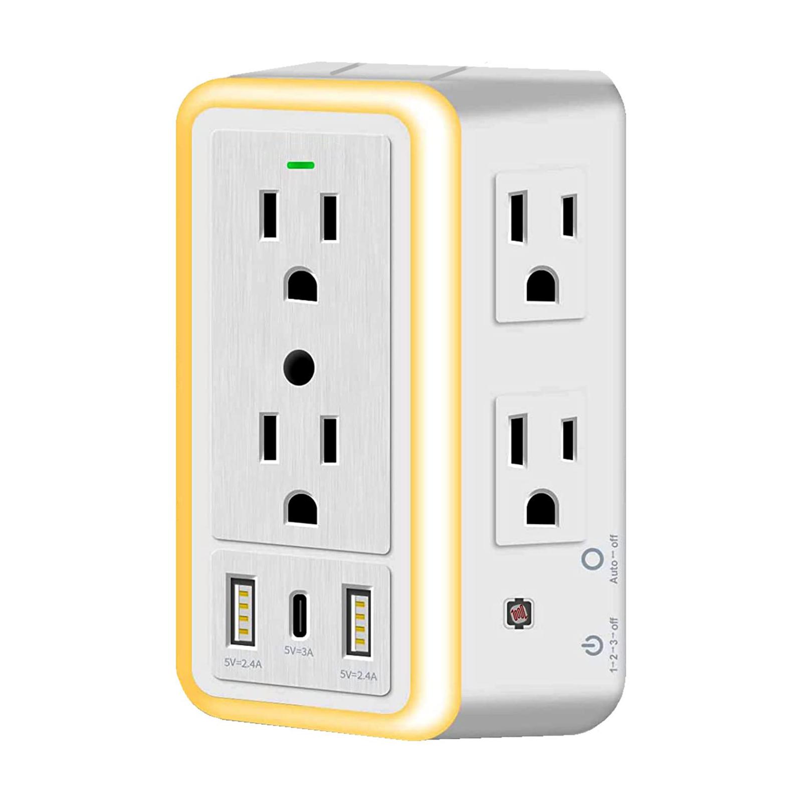 

Multi Plug Surge Protector, 6-Outlet Extender With 2 USB Charging Ports, USB-C And Night Light, 3-Sided Power Strip With Adapter Spaced Outlets One Size