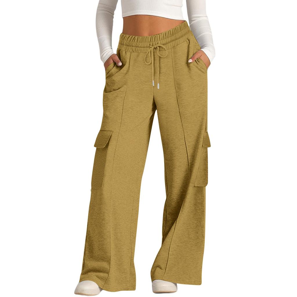 Women's Casual Fashion Solid Color Elastic Waist Drawstring Workwear Wide Leg Pants With Pockets