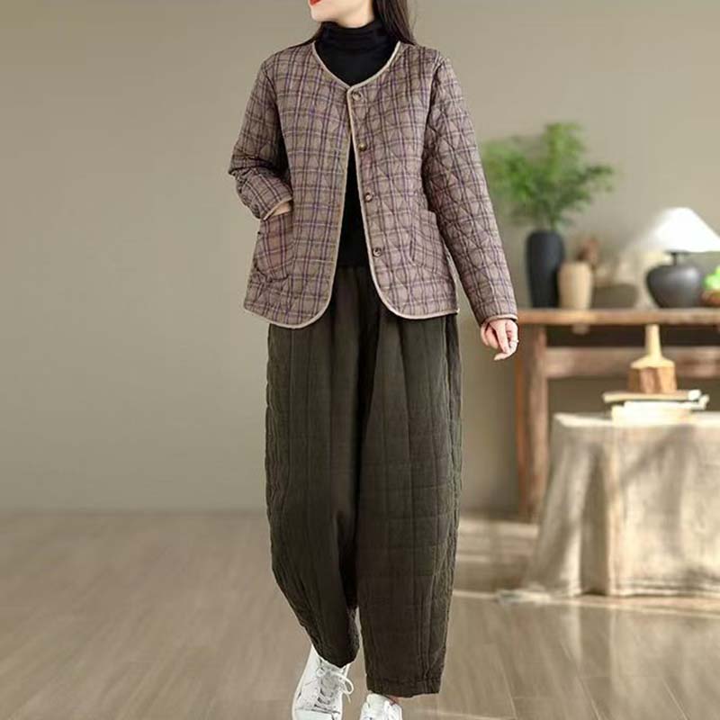 Coat for Women Cototn Thickened Autumn Winter Windbreaker Plaid Oversize Casual Jacket