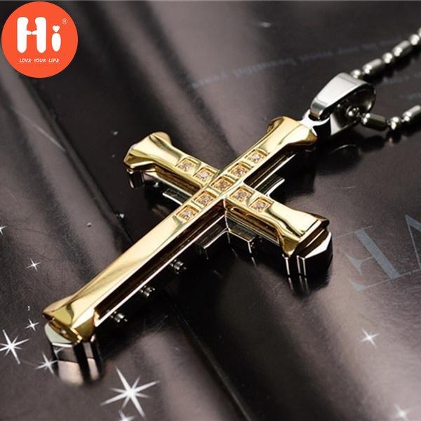 Hi 4 Colors Crystal Cross Pendant Silver Gold Black Stainless Steel Zirconia Jesus Cross Pendant Necklace Jewelry