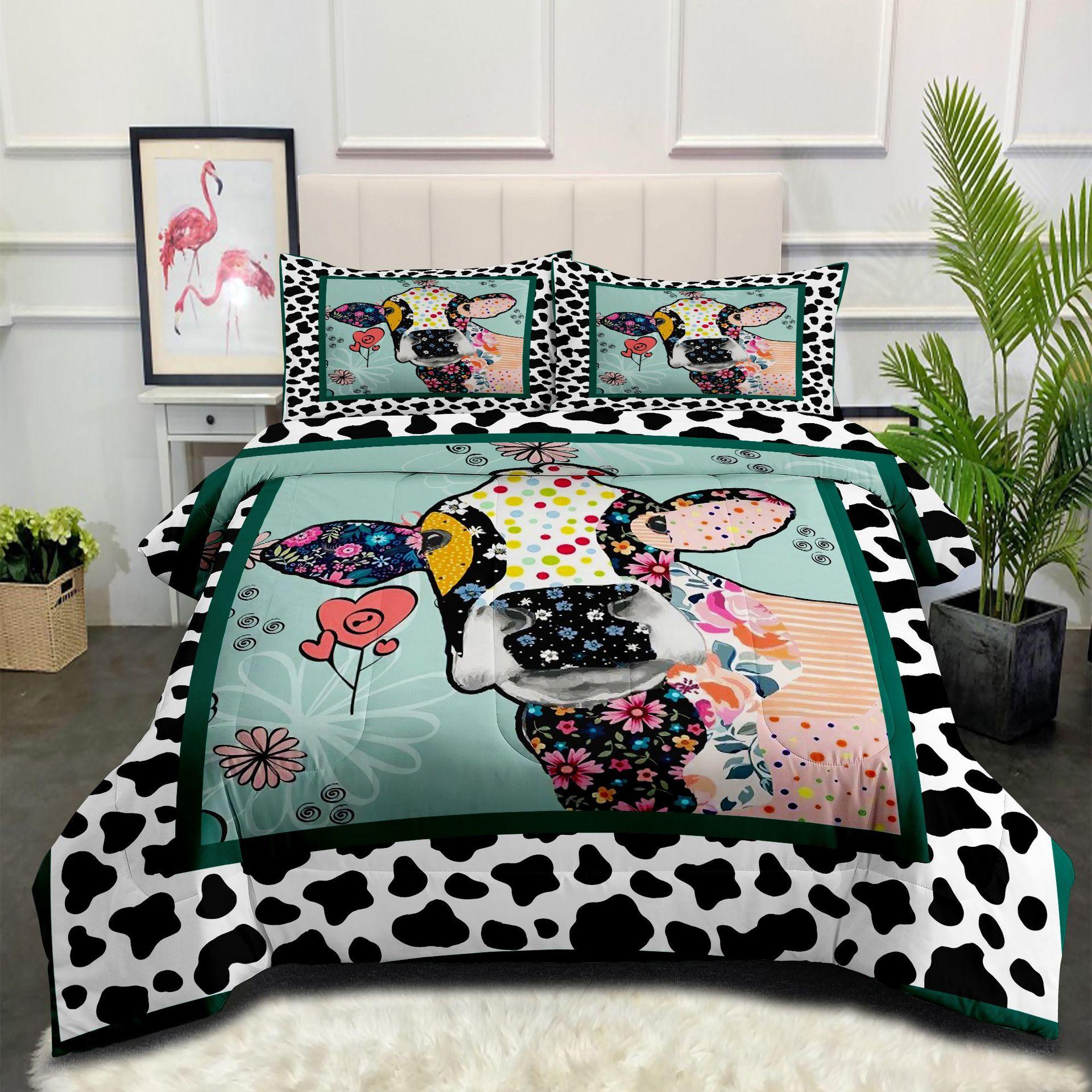 Leopard Cow Print Feather Silk Quilt Thickened Warm Fat Quilt Cover Three-piece Set 140*200cm