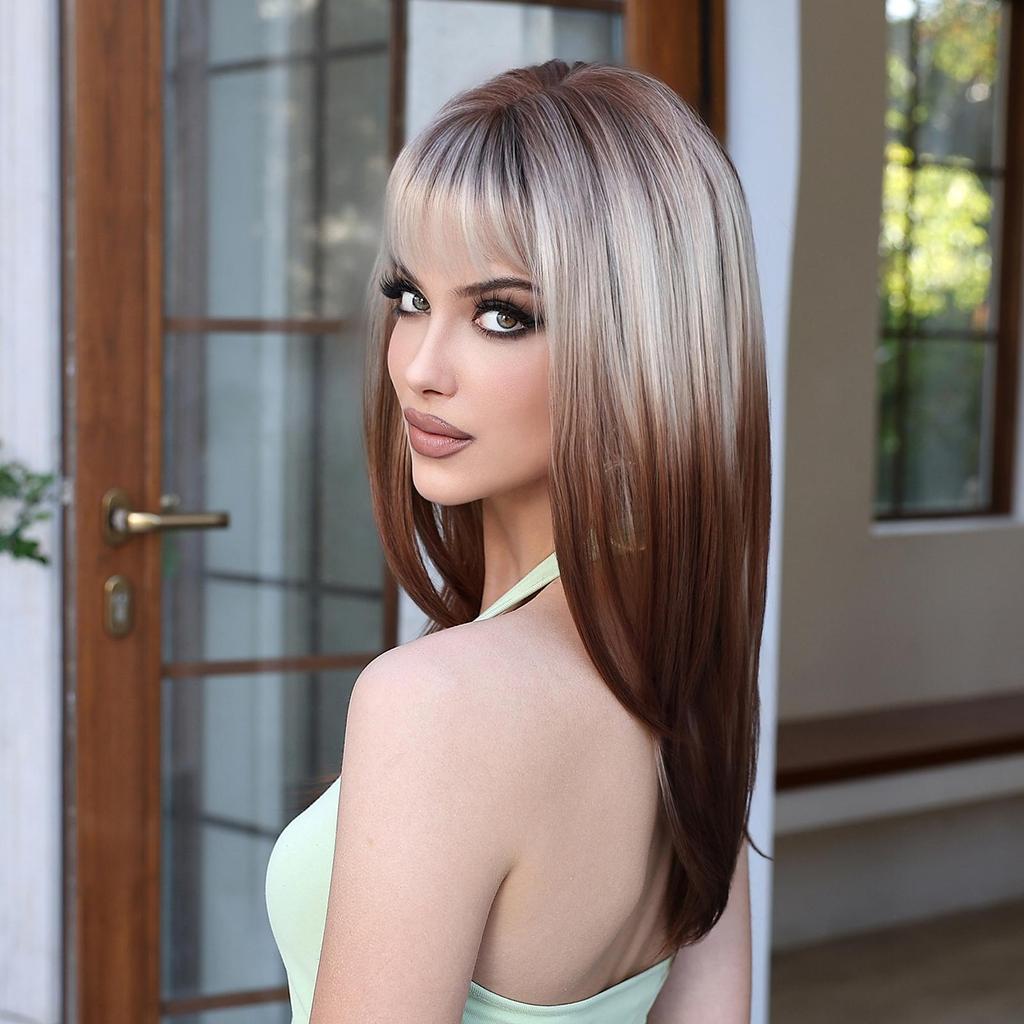 ALAN EATON Brun Ombre Grå Syntetisk Parykk Lang Rett Lagdelt Parykk med Pannelugg for Kvinner Cosplay Fest Daglig Bruk Varmebestandig Fiber