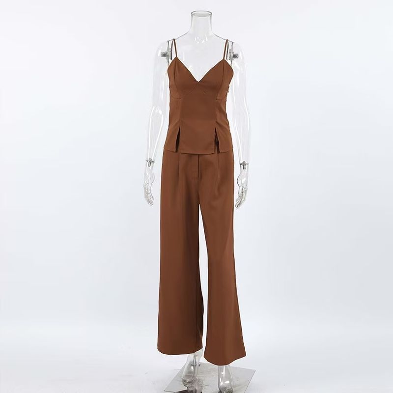 

Fashion Wind Fashion Sleeveless Split Vest Pants Suit V-Neck Top and Pants Suit Set Brown S