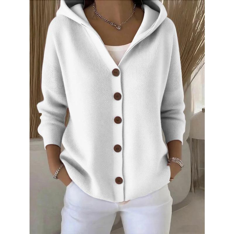 Solid Color Button Knit Hooded Sweater Cardigan Jacket For Autumn Winter New Casual Fashionable Women's Clothing Pulls Femmes