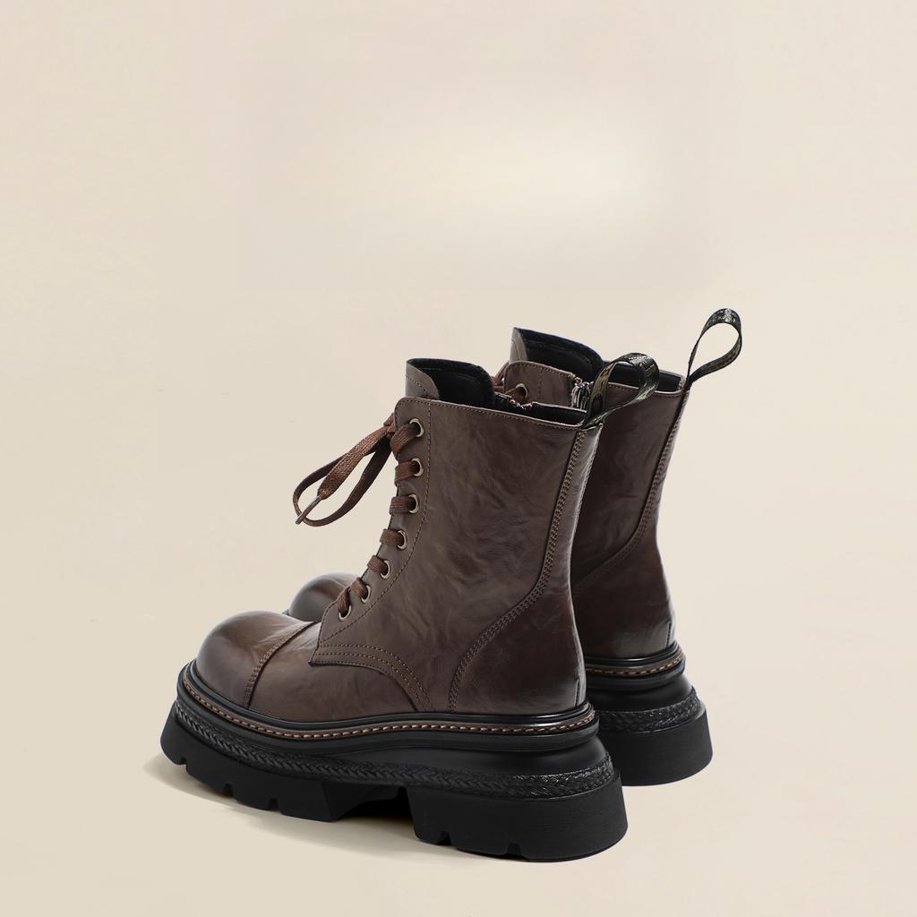 Soft leather version~ Super cool heightening 7cm thick-soled Martin boots for women's 2024 autumn models, polished and washed locomotive 