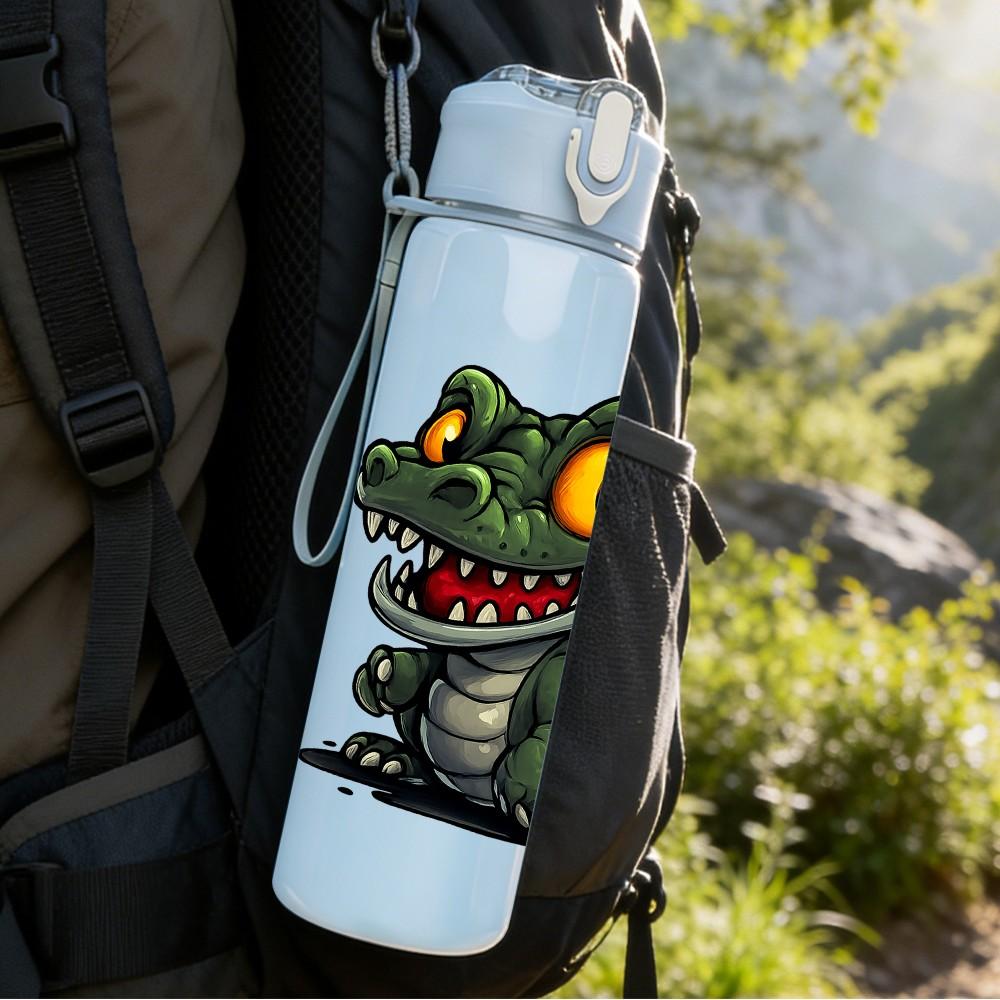1PC Aggressive Green Crocodile Pattern 750ml Color Plastic Sports Water Bottle Leakproof Flip Straw Lid Suitable for Sports Office Home Use