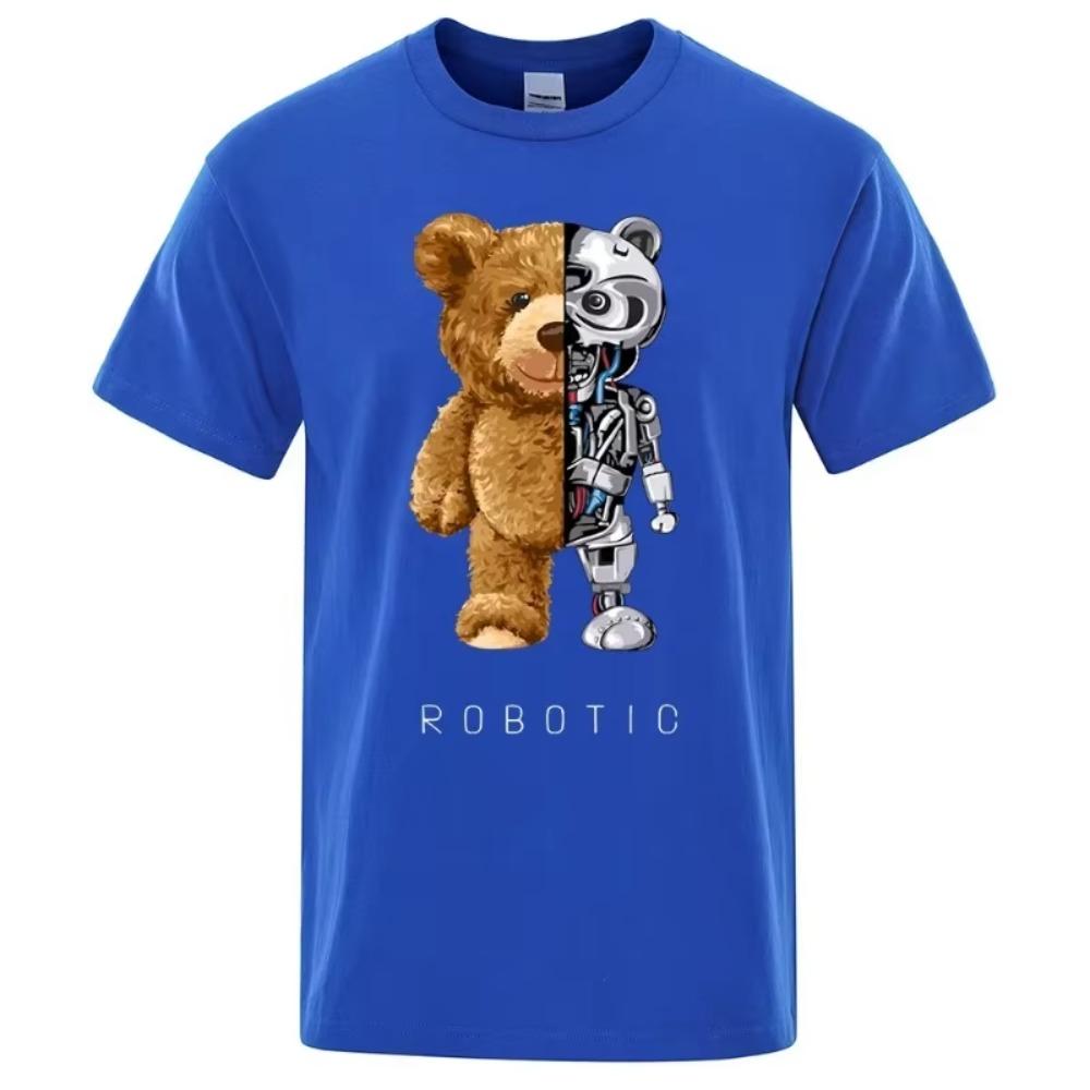 Funny Teddy Bear Robot Graphic Print Tshirt Men Short Sleeve Fashion Casual Clothes Summer Cotton Tees Oversized Street T-Shirts