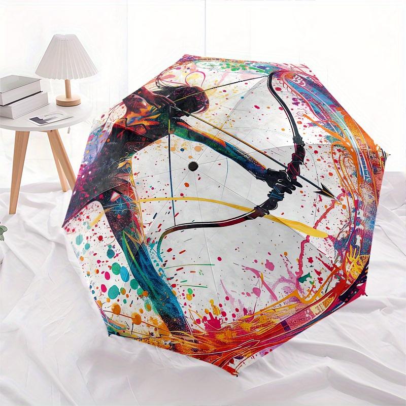 Archery, Abstract Art Automatic folding umbrella simple eight rib design, bright color pattern, durable iron frame, ideal for travel and ou