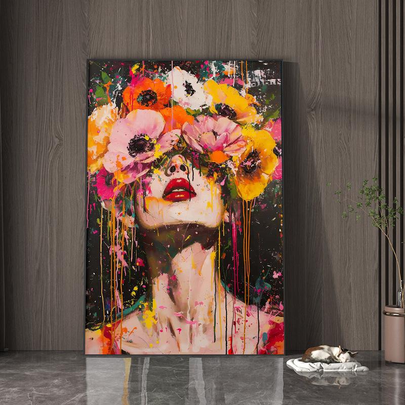 Abstract Colorful Flowers Girl Posters Wall Arts Modern Floral Lady Decorative Painting Living Room Wall Decoration No Frame