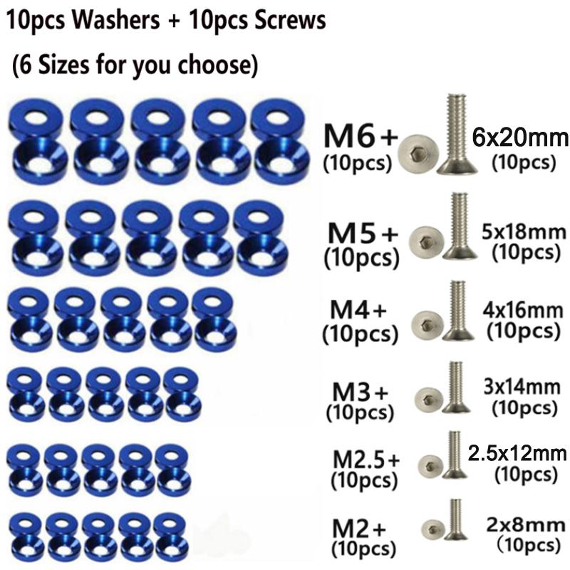 10pcs Car Modified Hex Fasteners Fender Washer Bumper Engine Concave Screws Aluminum Fender Washers and M2-M6 Bolt for Honda