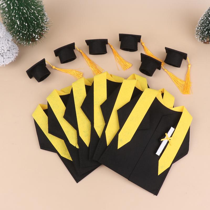 

Set Of 6 Graduation Wine Bottle Covers And Caps - Decor For Bachelor S Robe With Tassels, Black And Yellow University Celebratio Onesize