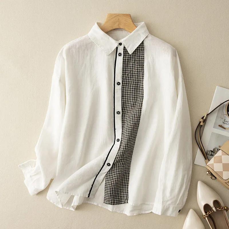 Women S Loose Long Sleeve Cotton Linen Casual Shirt M белый