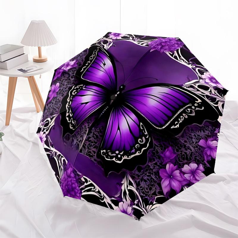 1pc Butterfly Flowers Automatic Open/Close Umbrella with Folding Feature Compact Travel Umbrella, Lightweight Design, for Commuting, Business049