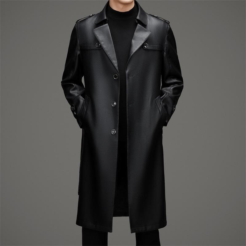 Trench-coat double boutonnage en cuir de mouton pour homme, Mi-mollet, Doublé velours