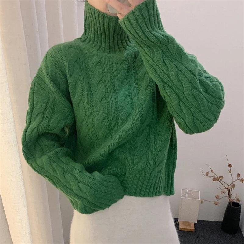 Women's High-Neck Wool Sweater - 100% Pure Wool, Cable Knit, Thick, Fashionable, Elegant Cashmere Base Layer Knitwear