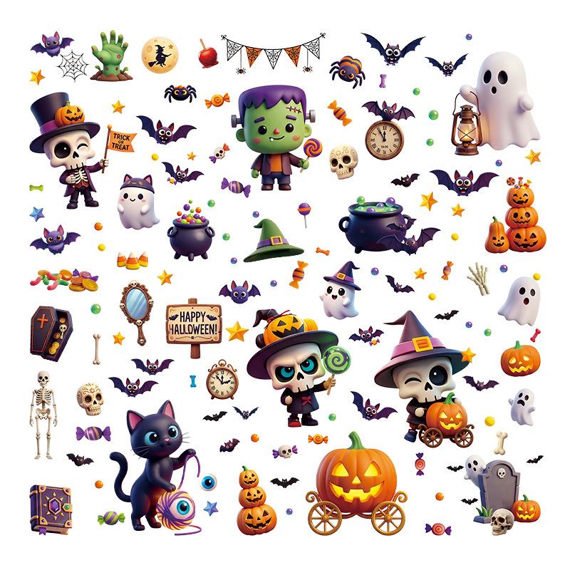 Halloween Cartoon Static Cling Window Stickers, Pumpkin Ghost Skeleton Candy Decals for Holiday Party Home Window, Glass and Seasonal Decoration
