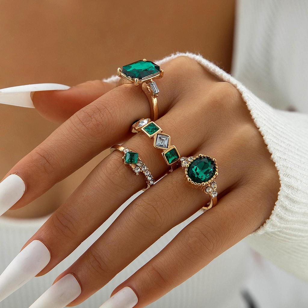 Jewelry, Colored Diamond Four-piece Ring Set, Geometric Imitation Diamond Set Ring Set