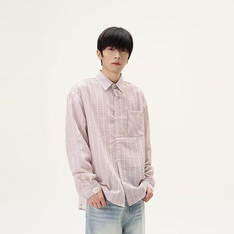 2024 Striped Long Sleeve Shirt Japanese Hong Kong Style Ins Loose Shirt Boys Summer Trendy Versatile Casual Coat
