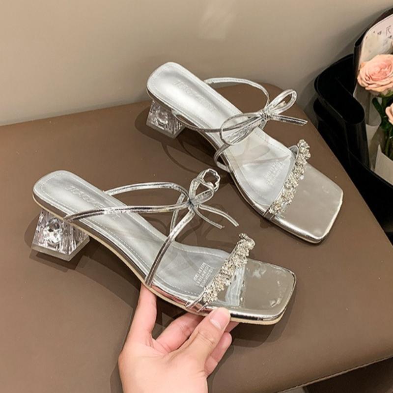 Dámské pantofle Luxusní kamínkové boty na vysokém podpatku Pantofle s mašlí pro ženy 2025 Léto Nové vysoké podpatky Sandalias Mujer
