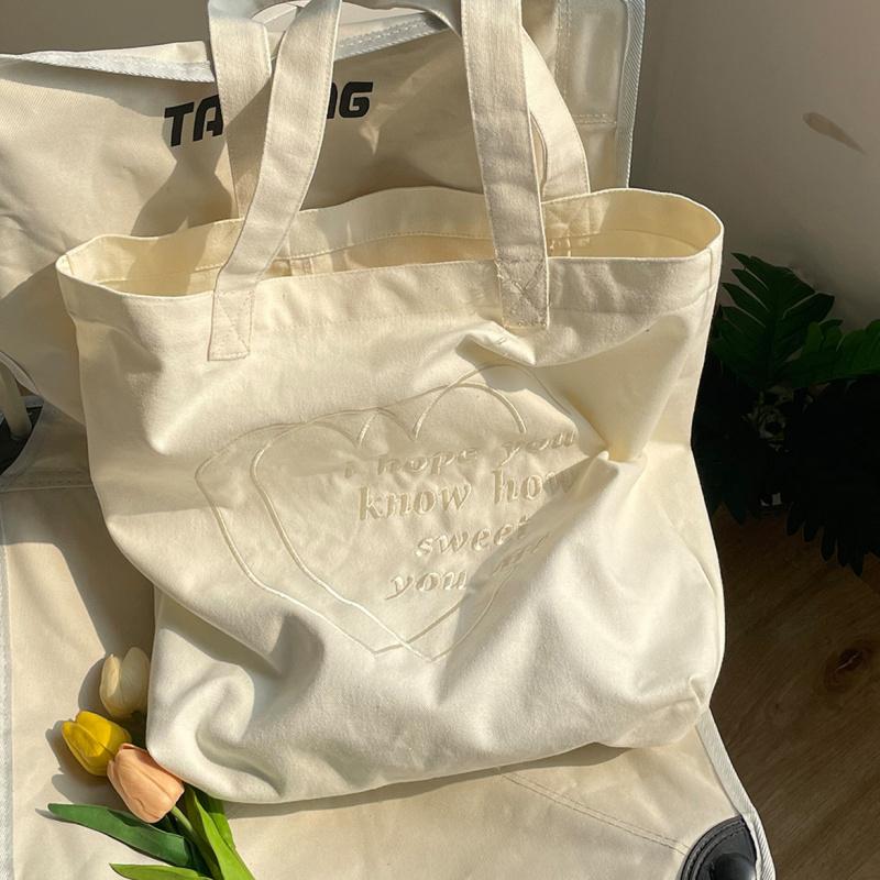 Korean Ins Style Canvas Bag Heart Embroidery Large Capacity Tote Bag For School And Commute Women's Shoulder Bag