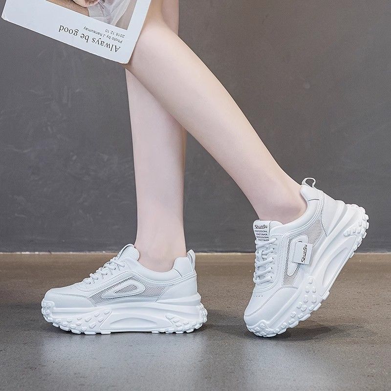 Soft leather thick-soled popular dad shoes women's height increased by 5cm spring and autumn mesh breathable sports casual white shoes